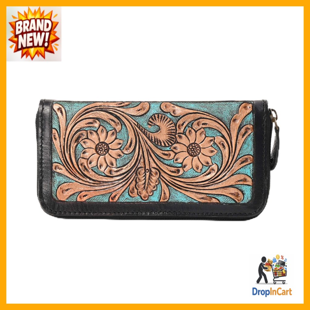 Tooled Leather Wallet Vintage Western Floral Design Zipper Bifold Rfid